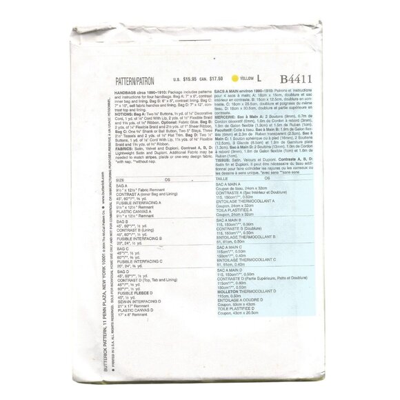 Butterick Sewing Pattern B4411 Handbag Designs Circa 1890-1910 Making History - Picture 2 of 2